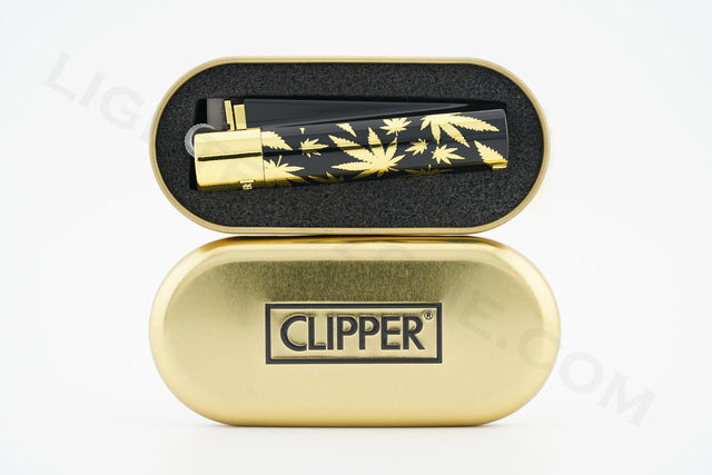 Clipper Lighter With Gift Box Regular Flame Golden Marijuana Leave (Golden Head)