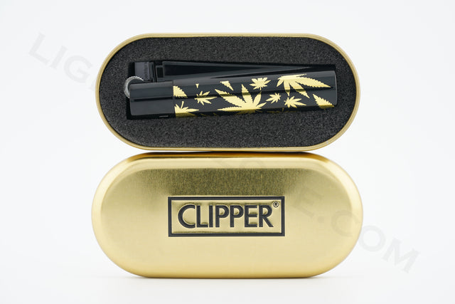 Clipper Lighter With Gift Box Regular Flame Golden Marijuana Leave (Black Head)