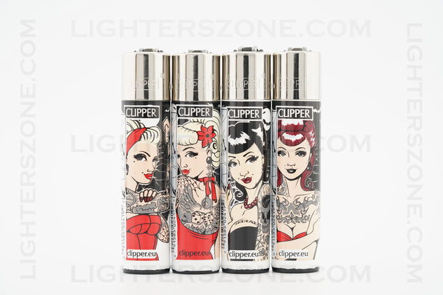 4x Clipper Full Size Refillable Lighters Tattooed Girl Collection
