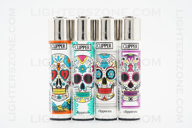 4x Clipper Full Size Refillable Lighters Mexican Sculls Collection